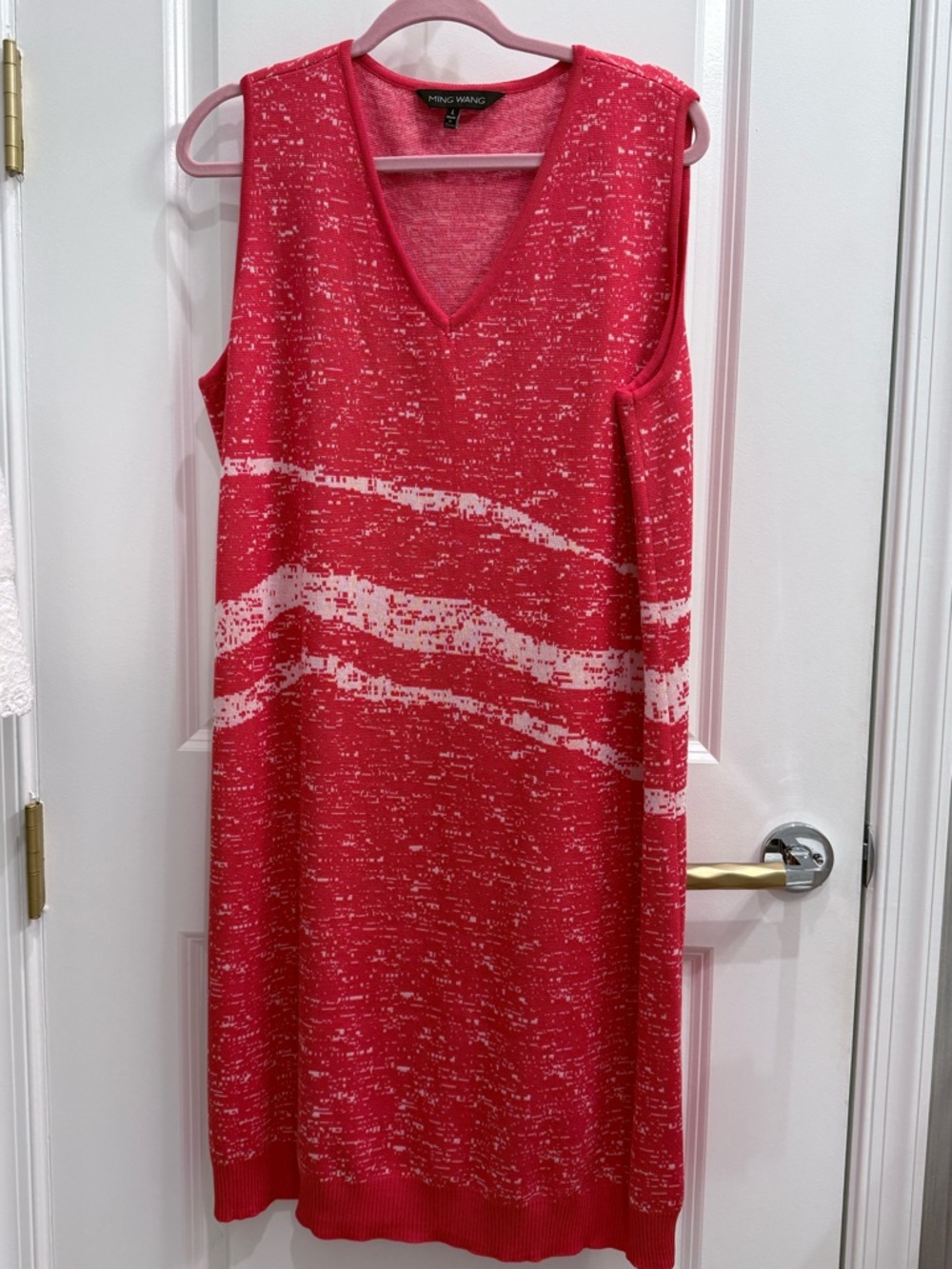Ming Wang Coral-Red Sleeveless V-Neck Midi Dress with White Stripe Detail